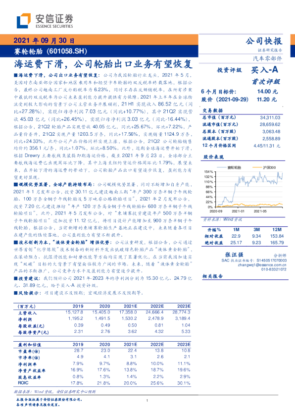 海运费下滑，公司轮胎出口业务有望恢复