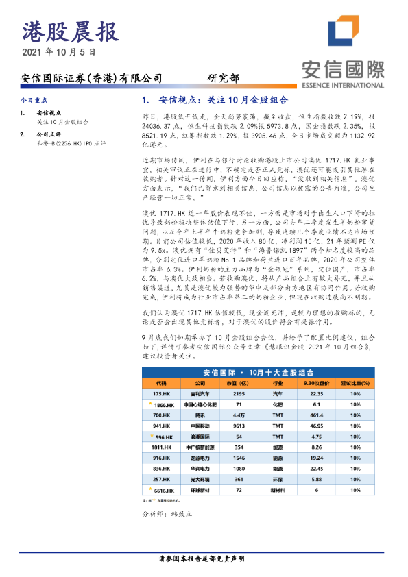 安信国际港股晨报