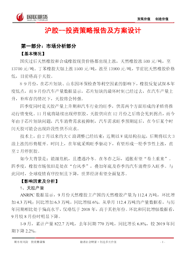 沪胶：投资策略报告及方案设计