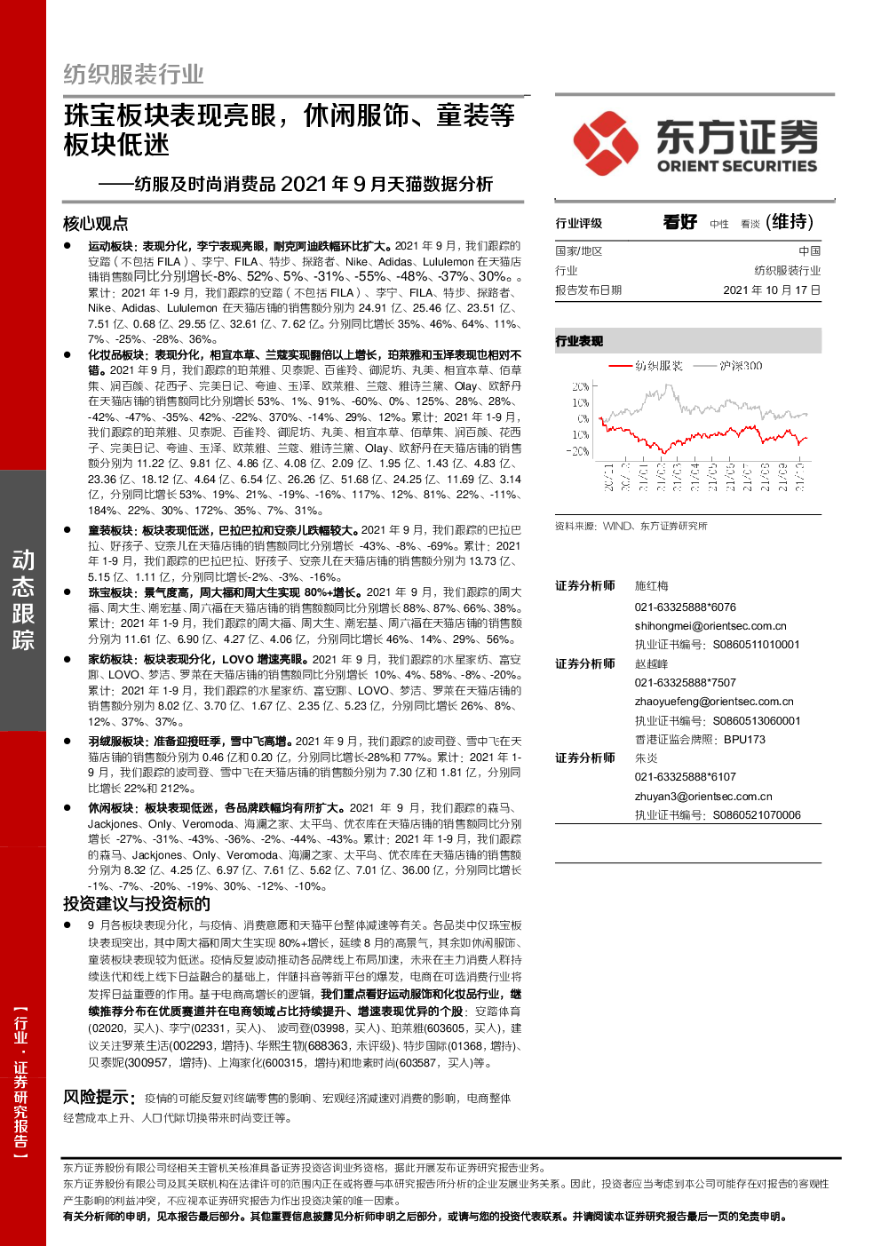 纺织服装行业纺服及时尚消费品2021年9月天猫数据分析：珠宝板块表现亮眼，休闲服饰、童装等板块低迷 5649