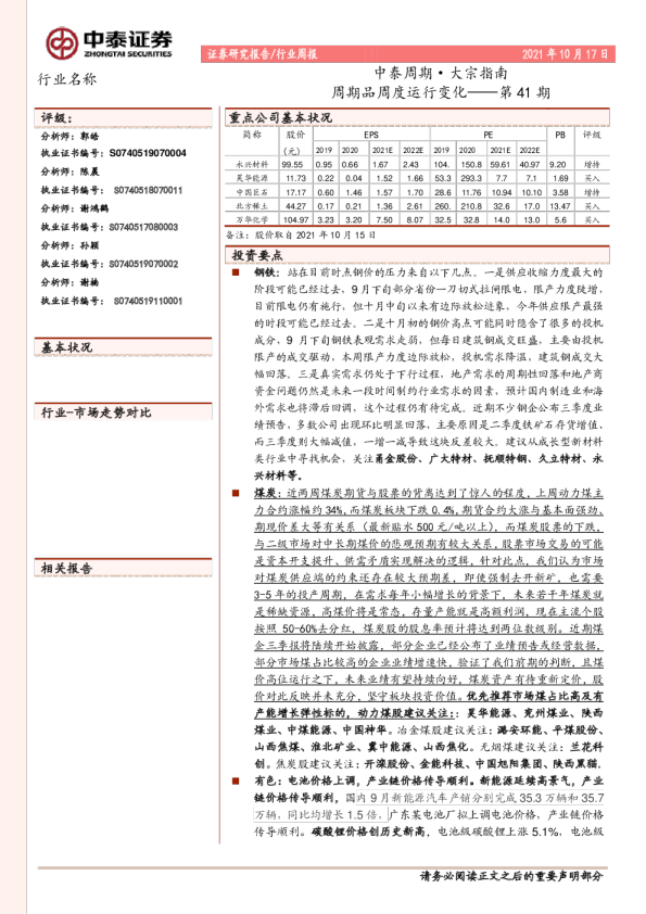 中泰周期大宗指南：周期品周度运行变化