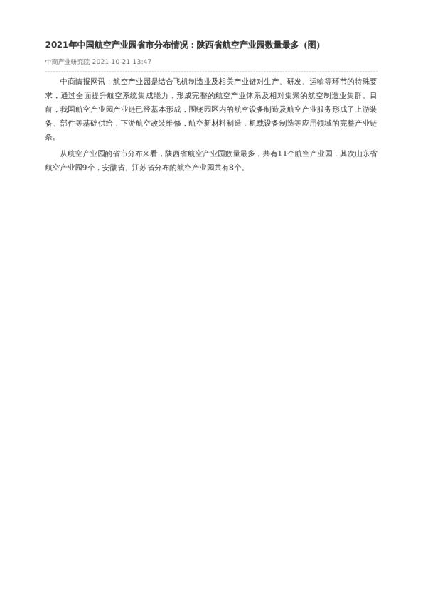 2021年中国航空产业园省市分布情况：陕西省航空产业园数量最多（图）