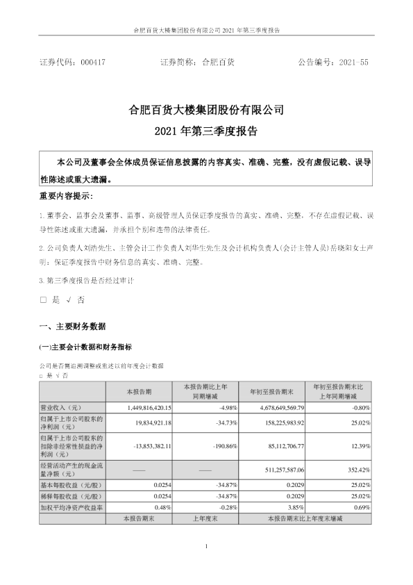 合肥百货：2021年第三季度报告