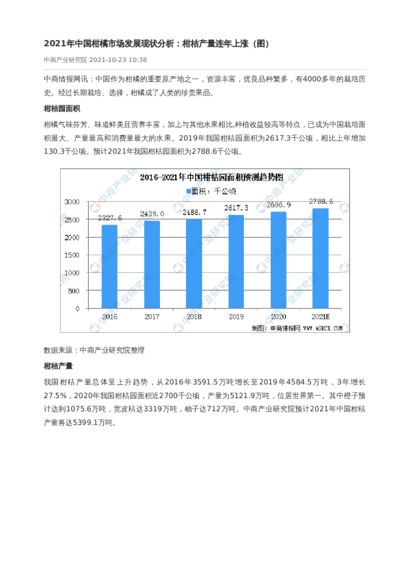 2021年中国柑橘市场发展现状分析：柑桔产量连年上涨（图）