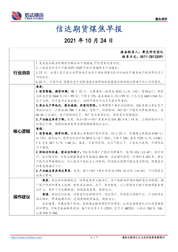 煤焦早报