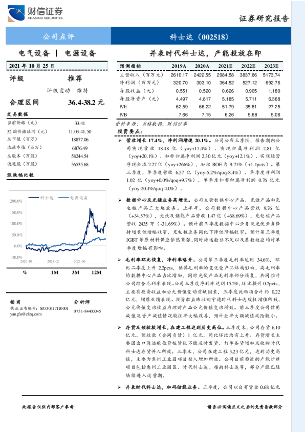 并表时代科士达，产能投放在即