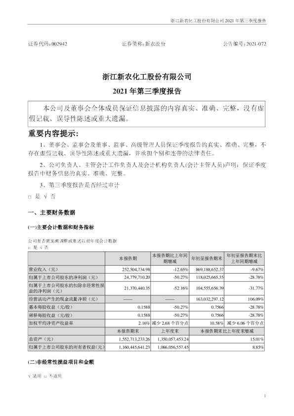 新农股份：2021年第三季度报告