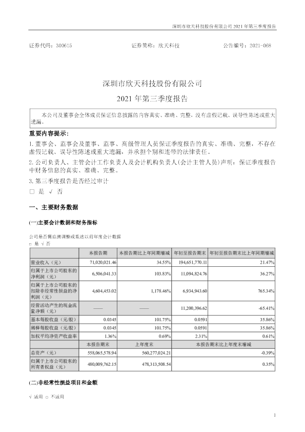 欣天科技：2021年第三季度报告