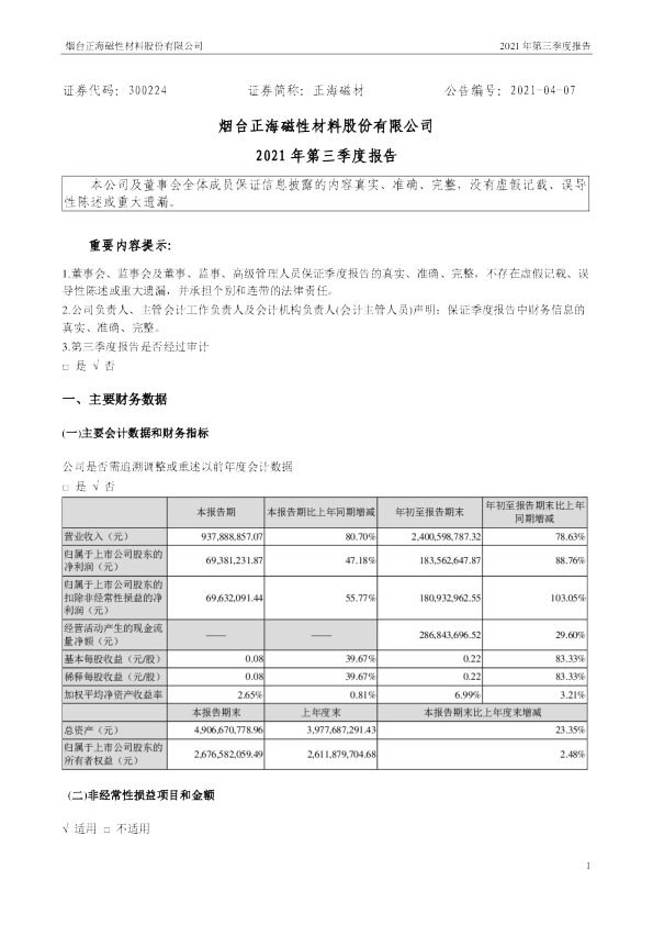 正海磁材：2021年第三季度报告