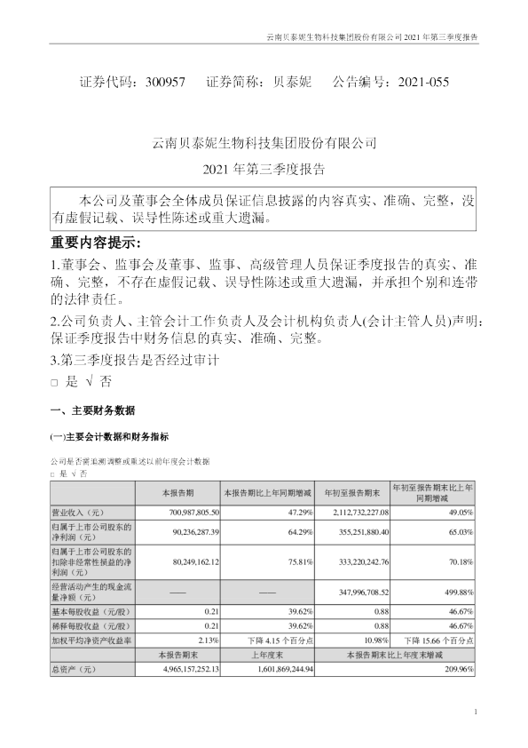 贝泰妮：2021年第三季度报告