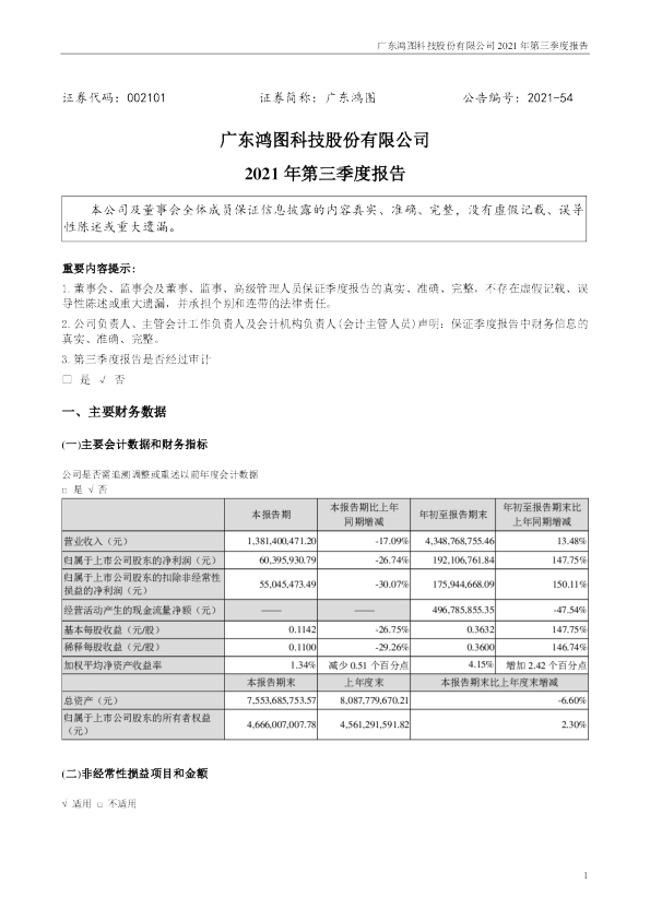 广东鸿图：2021年第三季度报告