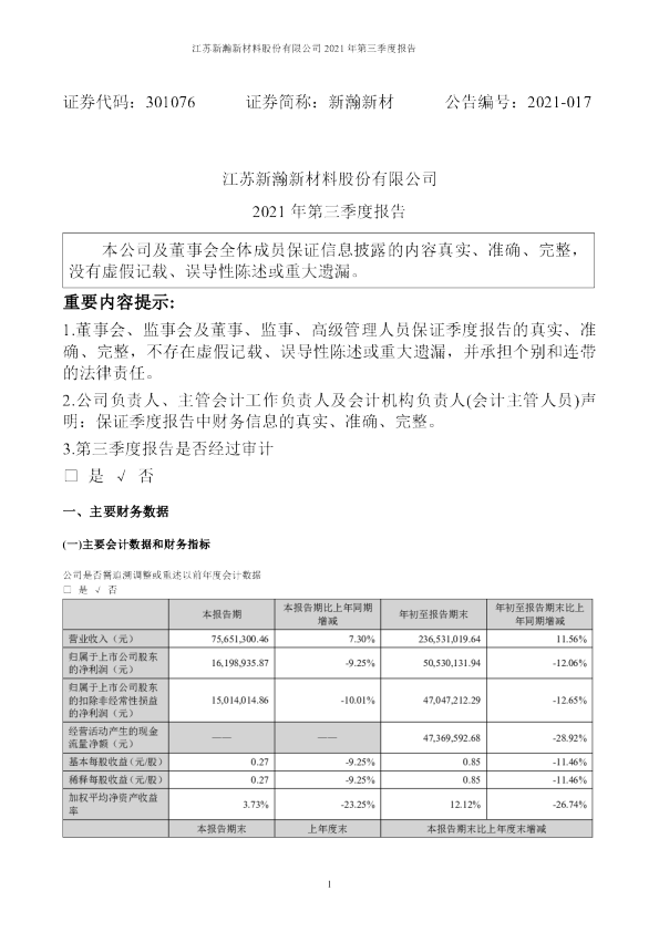 新瀚新材：2021年第三季度报告