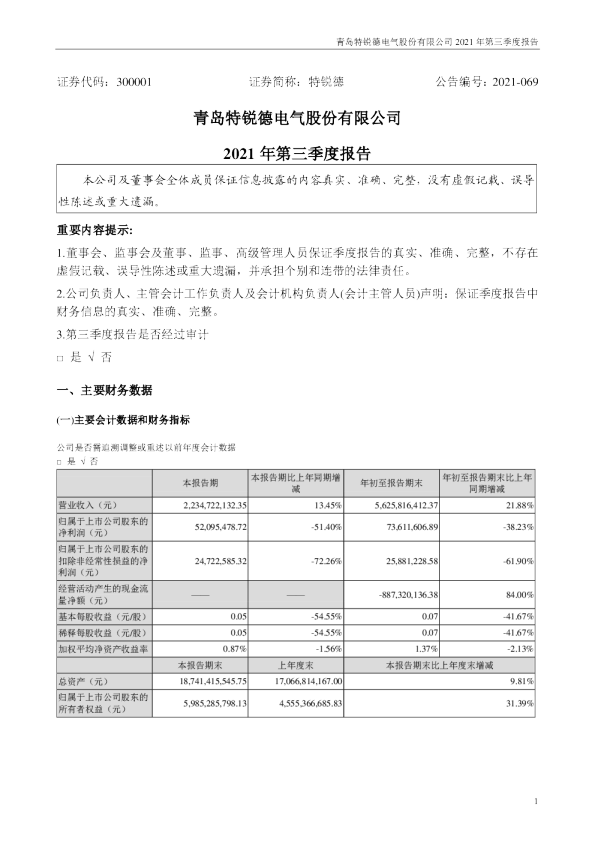 特锐德：2021年第三季度报告