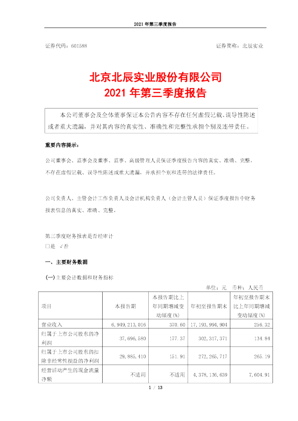 北辰实业：北辰实业2021年第三季度报告