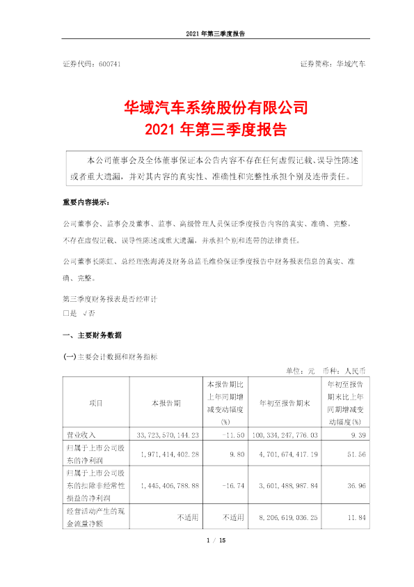 华域汽车：华域汽车2021年第三季度报告