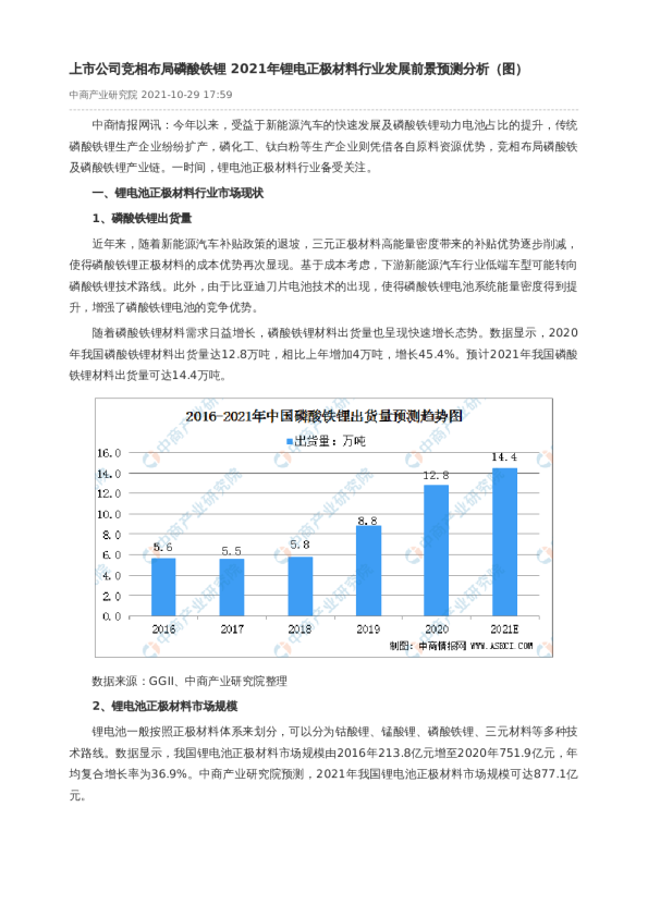 上市公司竞相布局磷酸铁锂 2021年锂电正极材料行业发展前景预测分析（图）