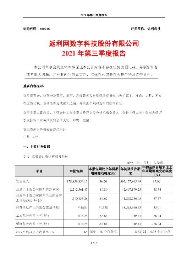 返利科技：返利网数字科技股份有限公司2021年第三季度报告