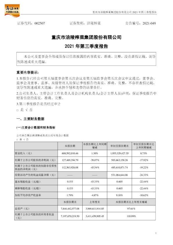 涪陵榨菜：2021年第三季度报告