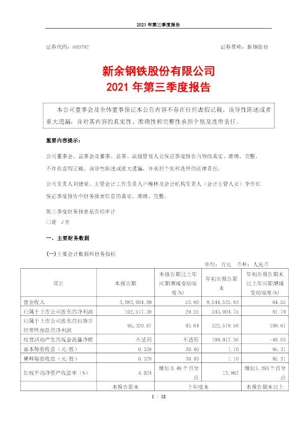 新钢股份：新钢股份2021年三季度报告