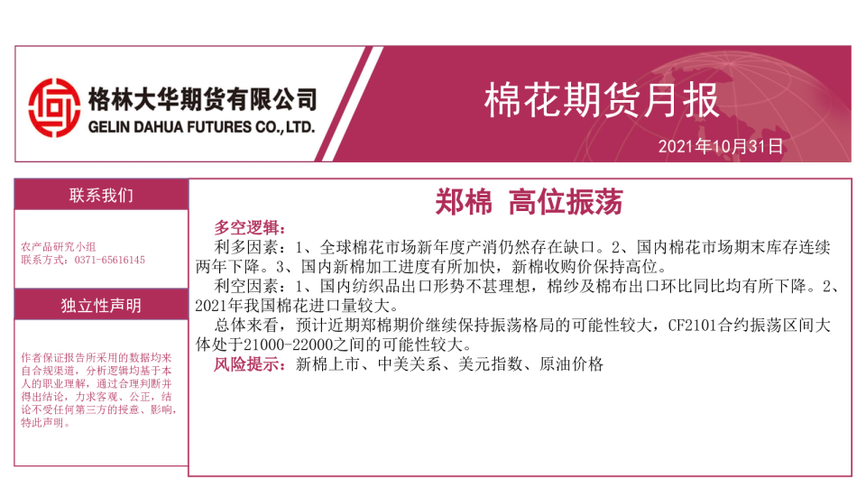 棉花期货月报：郑棉 高位振荡