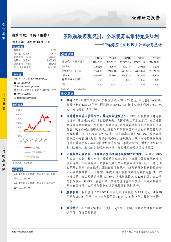 公司动态点评：亚欧航线表现突出，全球复苏或维持龙头红利