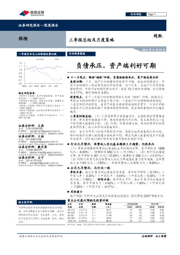 保险行业三季报总结及月度策略：负债承压，资产端利好可期