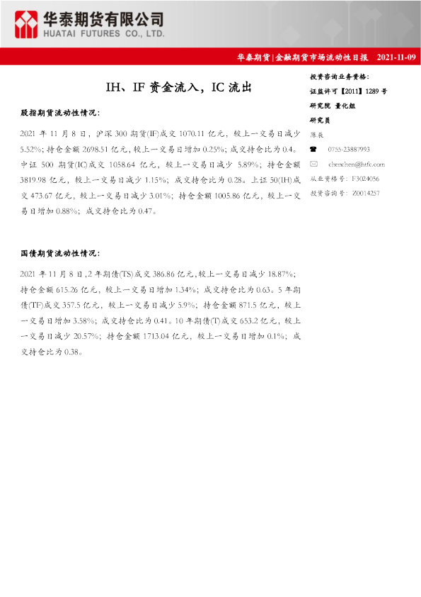 金融期货市场流动性日报：IH、IF资金流入，IC流出