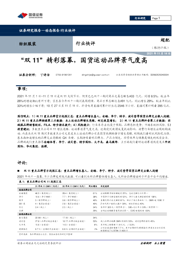 “双11”精彩落幕，国货运动品牌景气度高