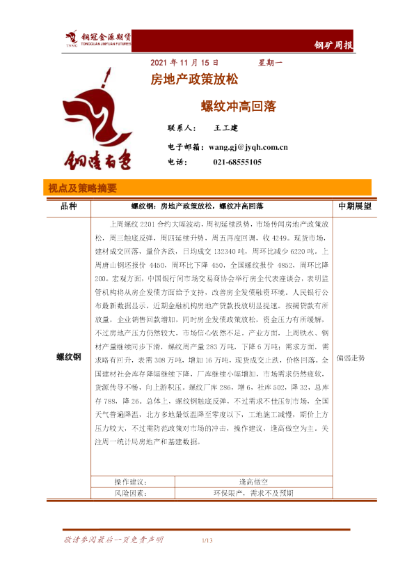 房地产政策放松，螺纹冲高回落