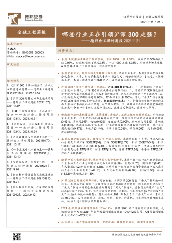 金工择时周报：哪些行业正在引领沪深300走强？