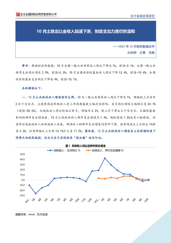 2021年10月财政数据点评：10月土地出让金收入加速下滑，财政支出力度仍然温和