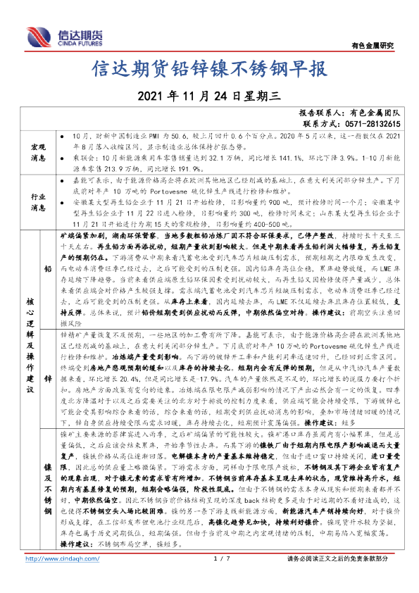 信达期货铅锌镍不锈钢早报