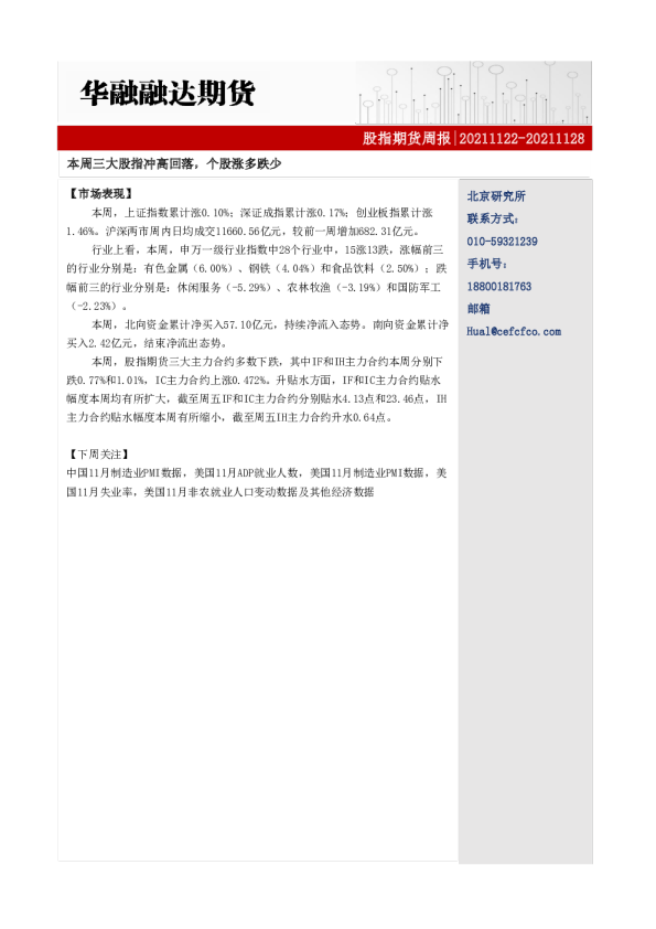 股指期货周报：本周三大股指冲高回落，个股涨多跌少