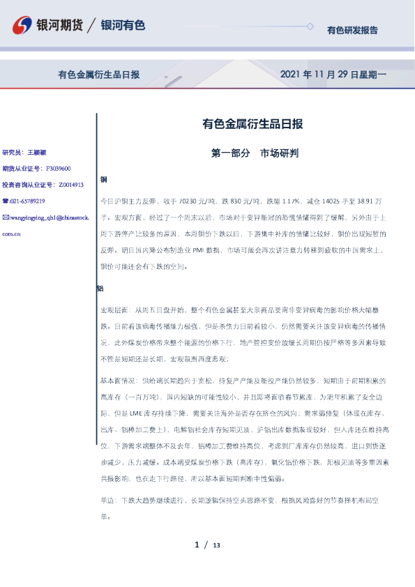 有色金属衍生品日报