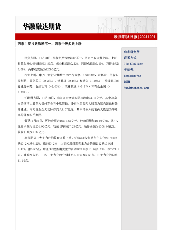 股指期货日报：两市主要指数涨跌不一，两市个股多数上涨