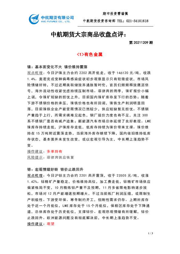 大宗商品收盘点评：第20211209期