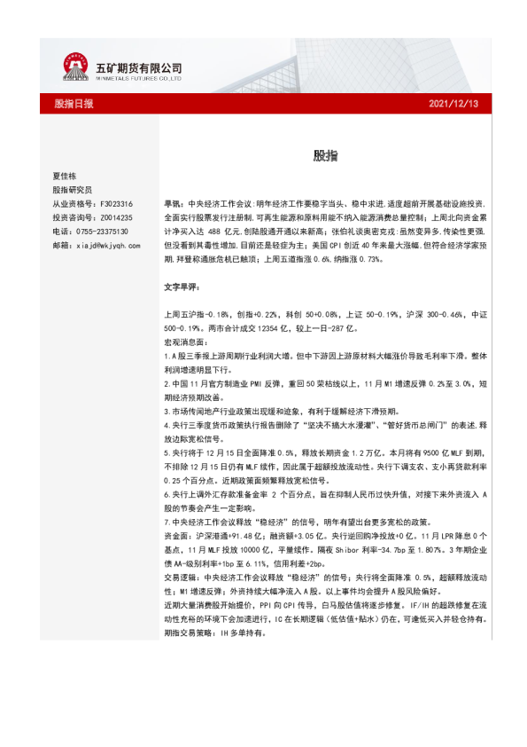 五矿期货股指日报