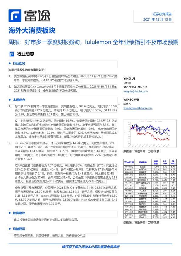 海外大消费板块：周报：好市多一季度财报强劲，lululemon全年业绩指引不及市场预期