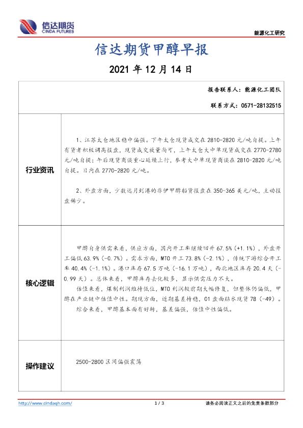 甲醇早报