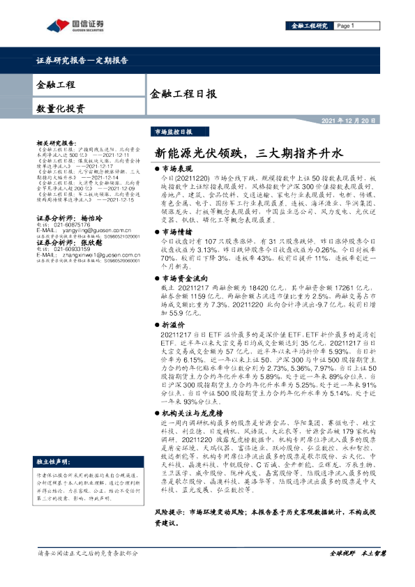 新能源光伏领跌，三大期指齐升水