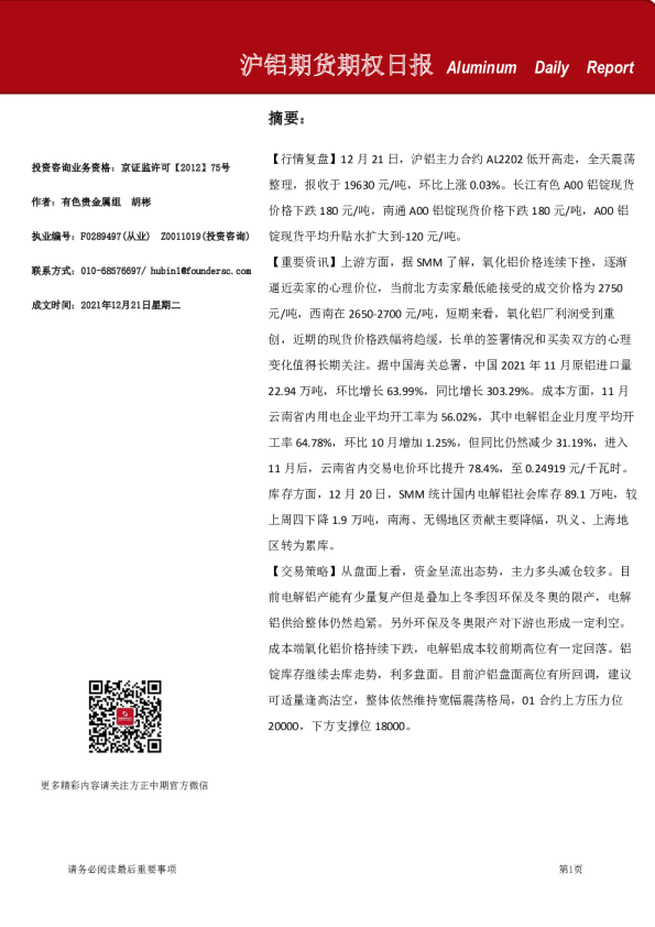 沪铝期货期权日报