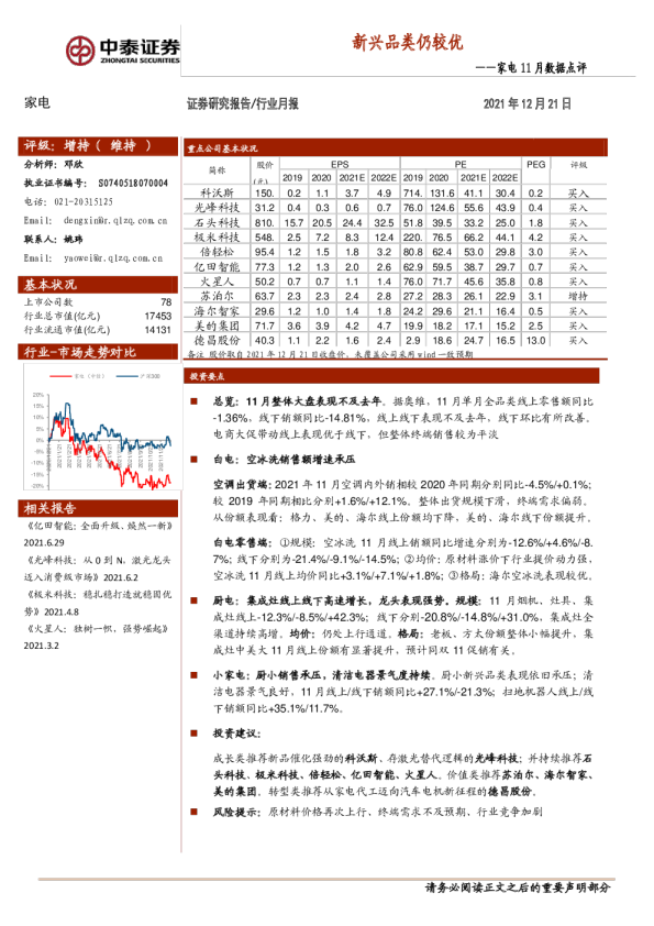 家电11月数据点评：新兴品类仍较优