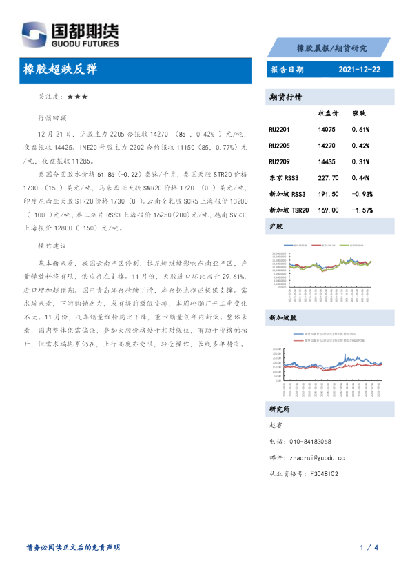 橡胶晨报：橡胶超跌反弹
