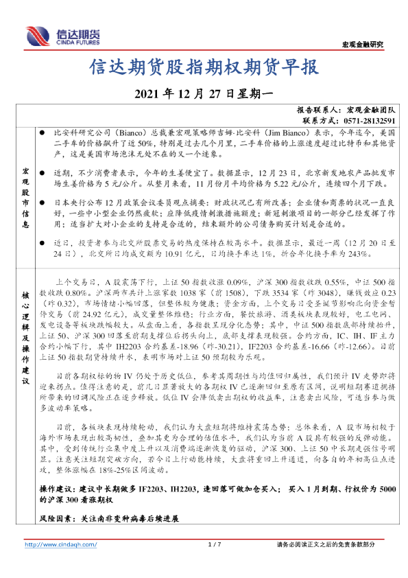 信达期货股指期权期货早报