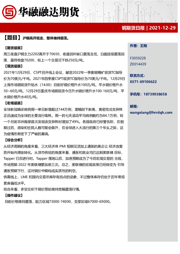 题目沪铜高开低走，整体维持震荡