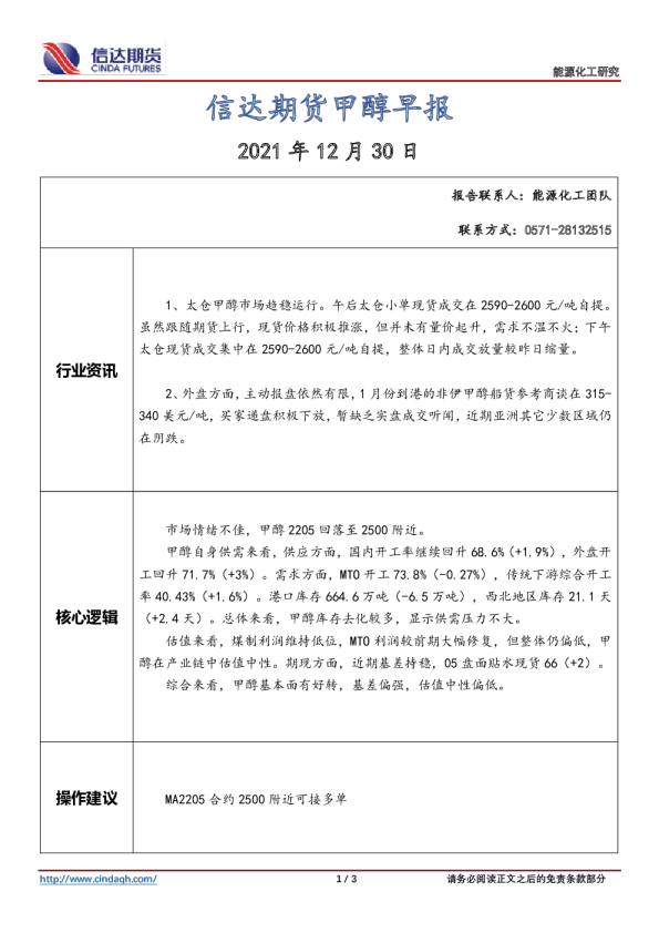 甲醇早报