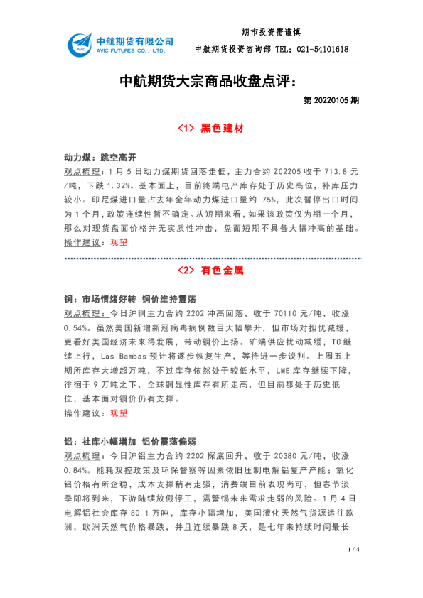 大宗商品收盘点评：第20220105期