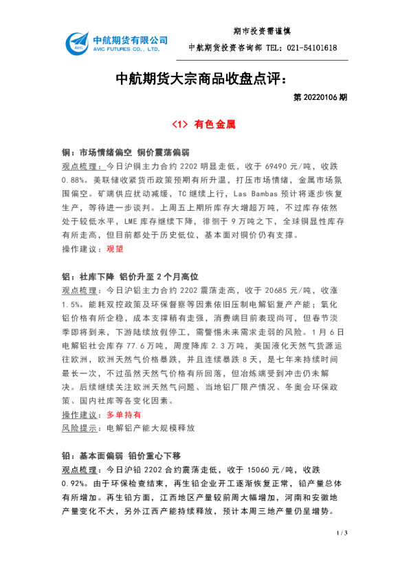 大宗商品收盘点评：第20220106期