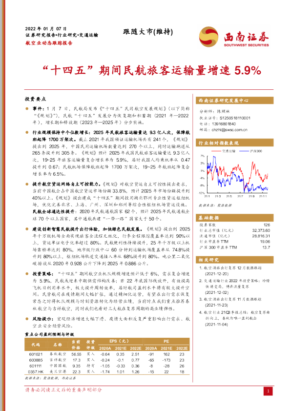 “十四五”期间民航旅客运输量增速5.9%