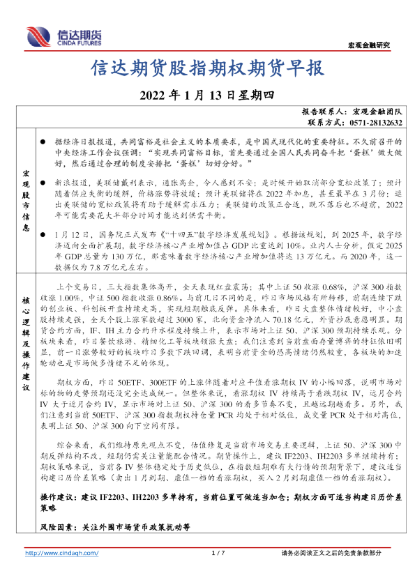 信达期货股指期权期货早报